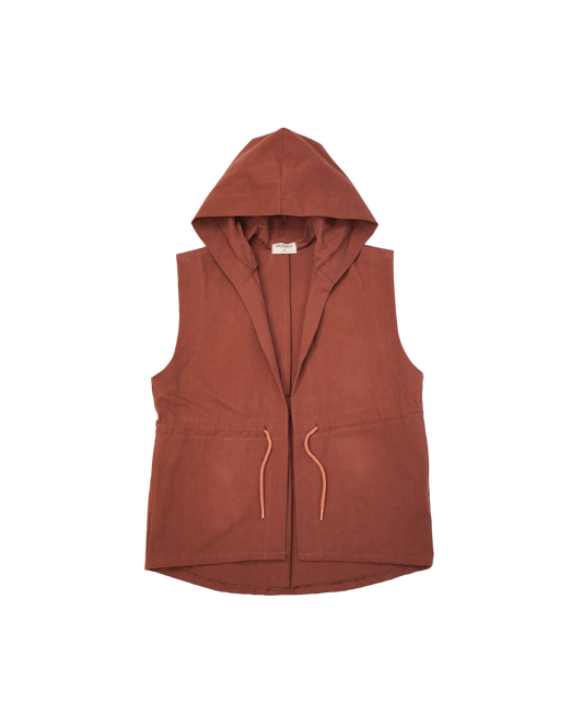 Terracotta organic cotton hooded layering vest, made in Canada, gender neutral fit - Genskee Apparel