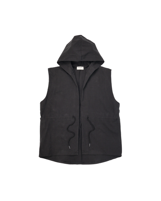 Black organic cotton hooded layering vest, made in Canada, gender neutral fit - Genskee Apparel