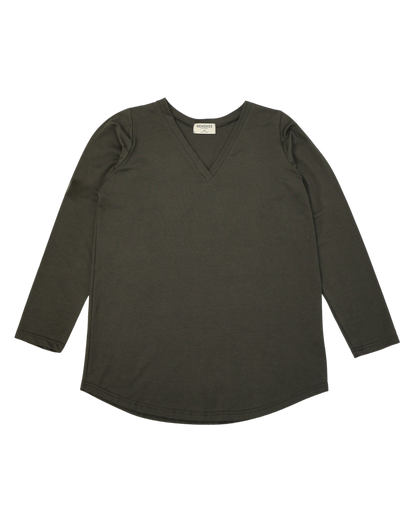 The Long Sleeve Perfect Tee in Dark Forest Green, made in Canada, cotton and modal fabric, sustainable, unisex, gender neutral clothing.
