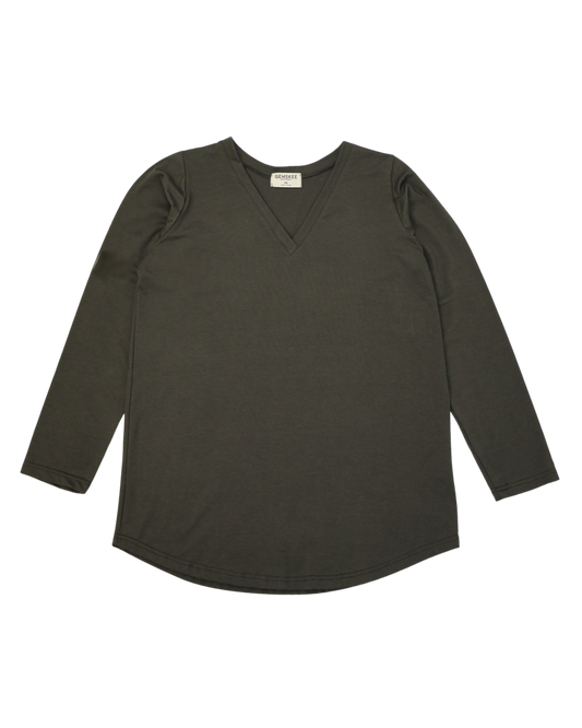 The Long Sleeve Perfect Tee in Dark Forest Green, made in Canada, cotton and modal fabric, sustainable, unisex, gender neutral clothing.