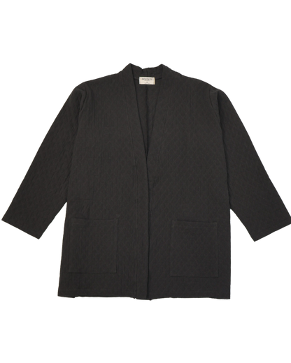 Black organic cotton quilted cardigan, casual blazer style, made in Canada, gender neutral, unisex fit - Genskee Apparel