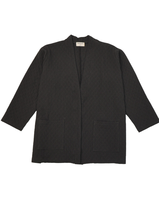 Black organic cotton quilted cardigan, casual blazer style, made in Canada, gender neutral, unisex fit - Genskee Apparel