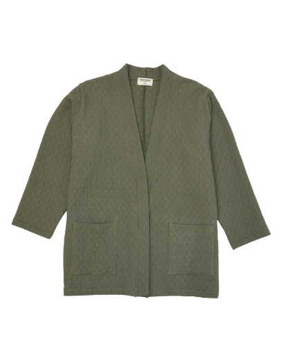 Green organic cotton quilted cardigan, casual blazer style, made in Canada, gender neutral, unisex fit - Genskee Apparel
