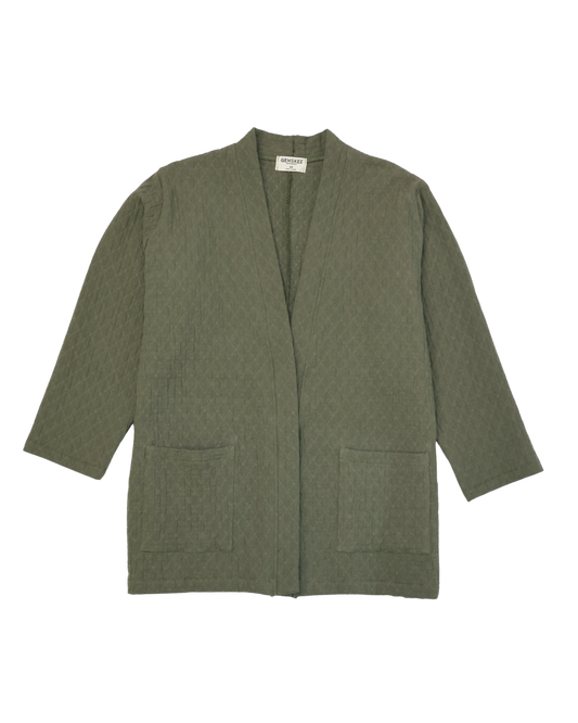 Green organic cotton quilted cardigan, casual blazer style, made in Canada, gender neutral, unisex fit - Genskee Apparel